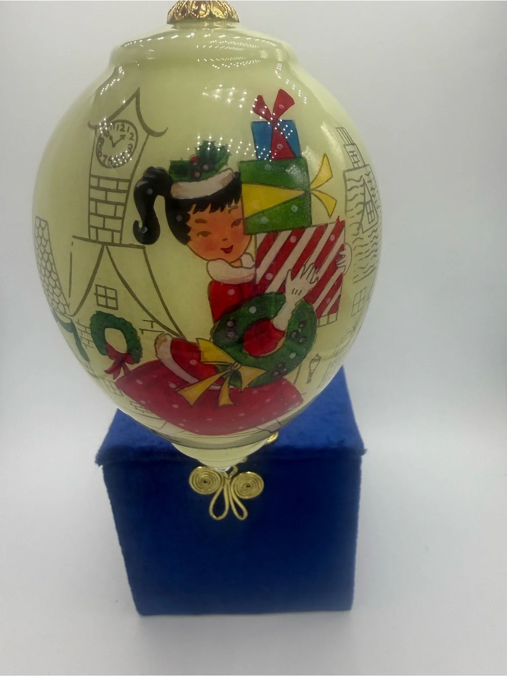 2013 Pier 1 Li Bien Holiday Shopper Reverse Hand Painted Teardrop Ornament w Box